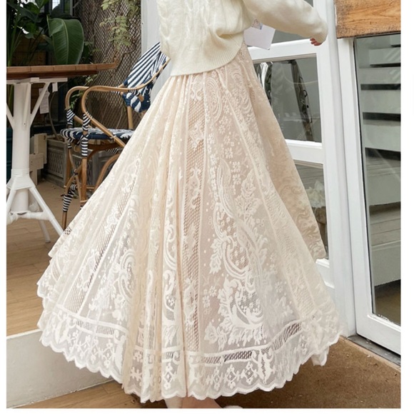 Lace skirt cream beige womens summer spring long skirt floral - Picture 5 of 15